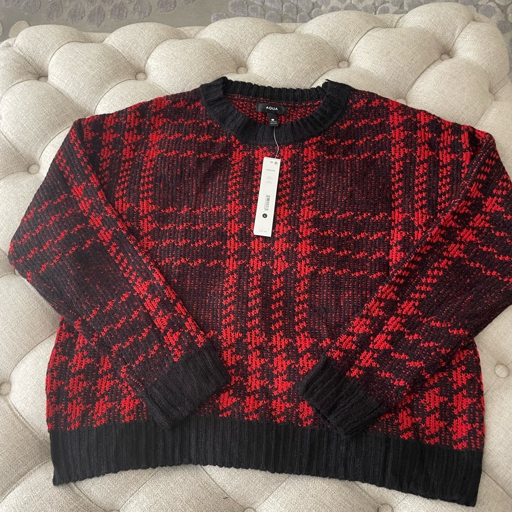 Aqua Red and Black Plaid Sweater Sz L NWT women